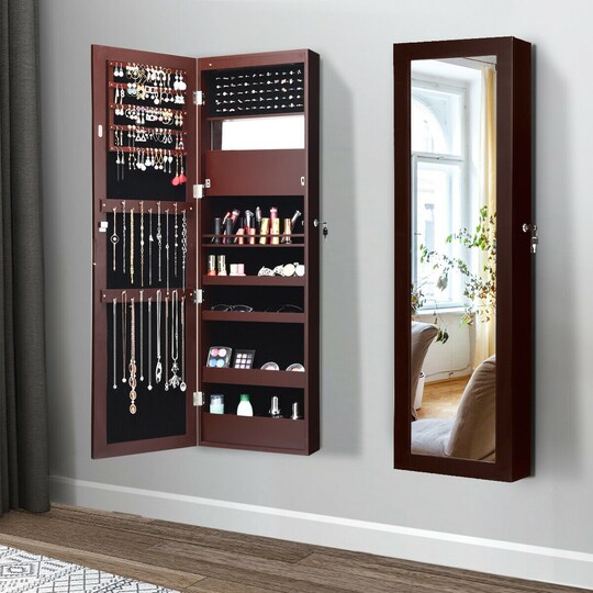 Wall Door Mounted Lockable Jewelry Cabinet Armoire Organizer W/Led